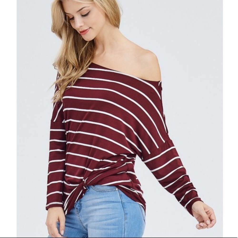 Dolman Sleeve Front Twist Burgundy Striped Top